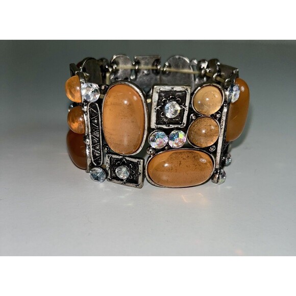 Vintage Look Cuff  Bracelet. Pinkish Stones‎ & Rhinestones. Stretch cuff. - Picture 1 of 7